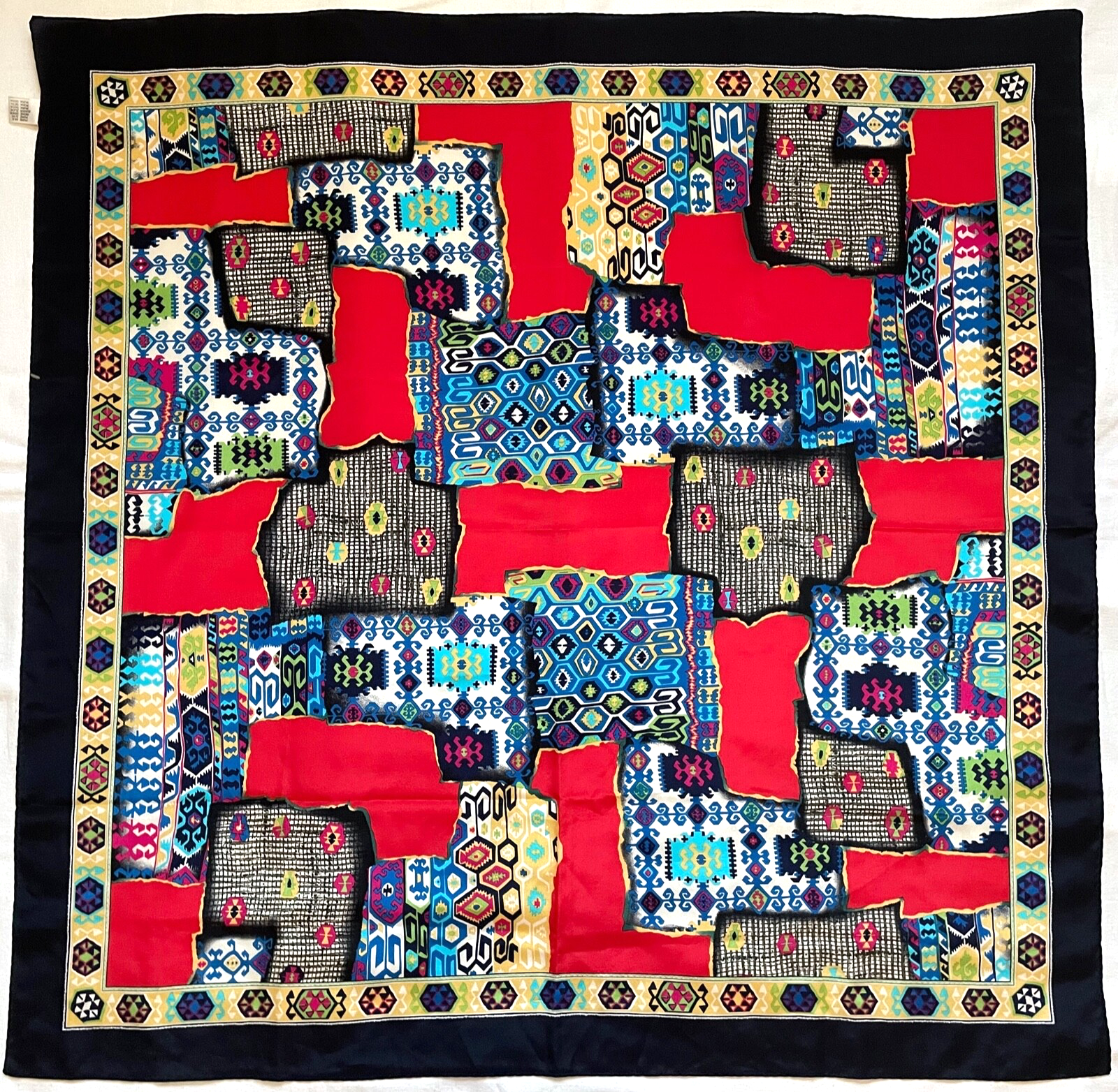Tribal Mosaic Boho Silk Scarf 34 Inch Patchwork Geometric Ethnic Design
