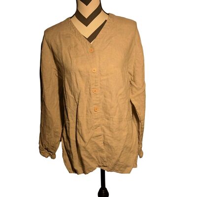 Josephine Chaus Sport 100% Linen Button-Up Top - Natural Beige 