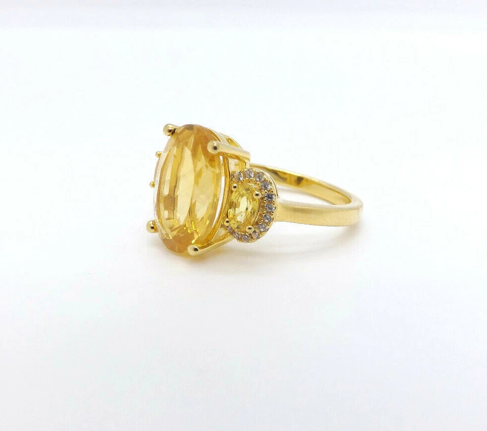 Anillo de citrino ovalado con 3 piedras de plata esterlina DK con halo de circonita cúbica, tamaño 7 Foto 2 de 4