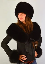 Premium Saga Furs Jet Black Fox Fur Fancy Hat Wristbands Shoulder Wrap Collar