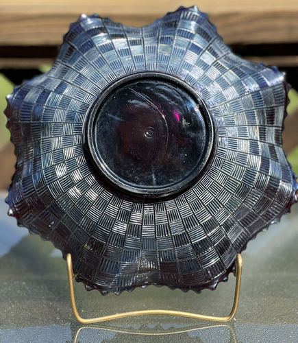 Northwood Amethyst Carnival Glass Strawberry Ruffled Bowl with Basketweave Outer - Picture 11 of 13