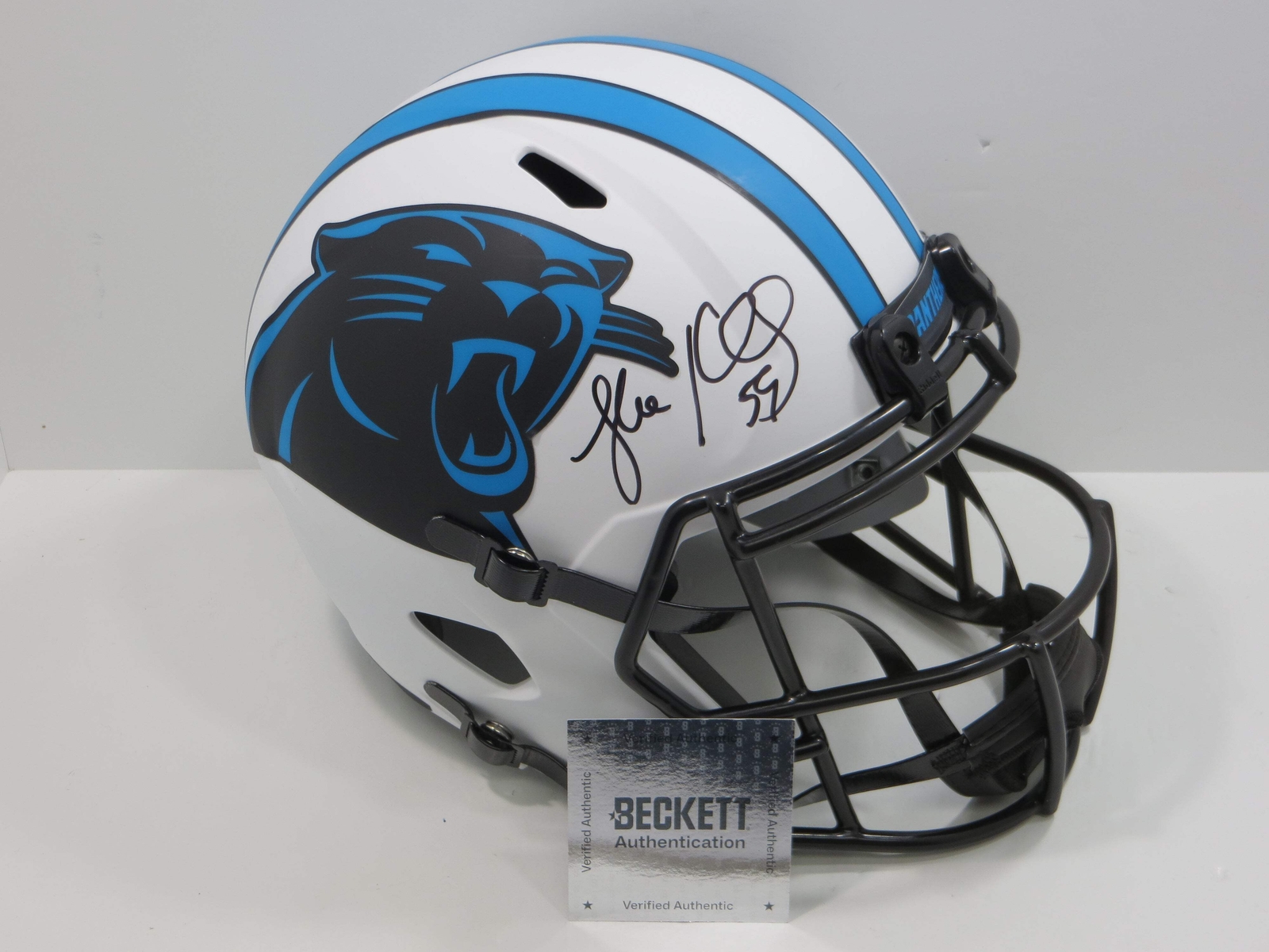 LUKE KUECHLY SIGNED CAROLINA PANTHERS SPEED F/S LUNAR ECLIPSE HELMET BAS 