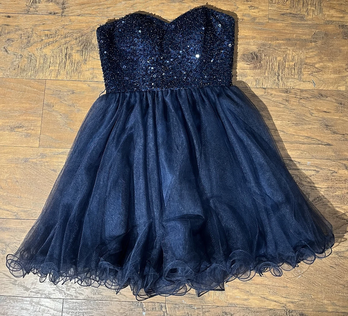 Formal Dress Navy Blue Short Strapless Sweetheart Neckline Tulle Layer Ruffles S