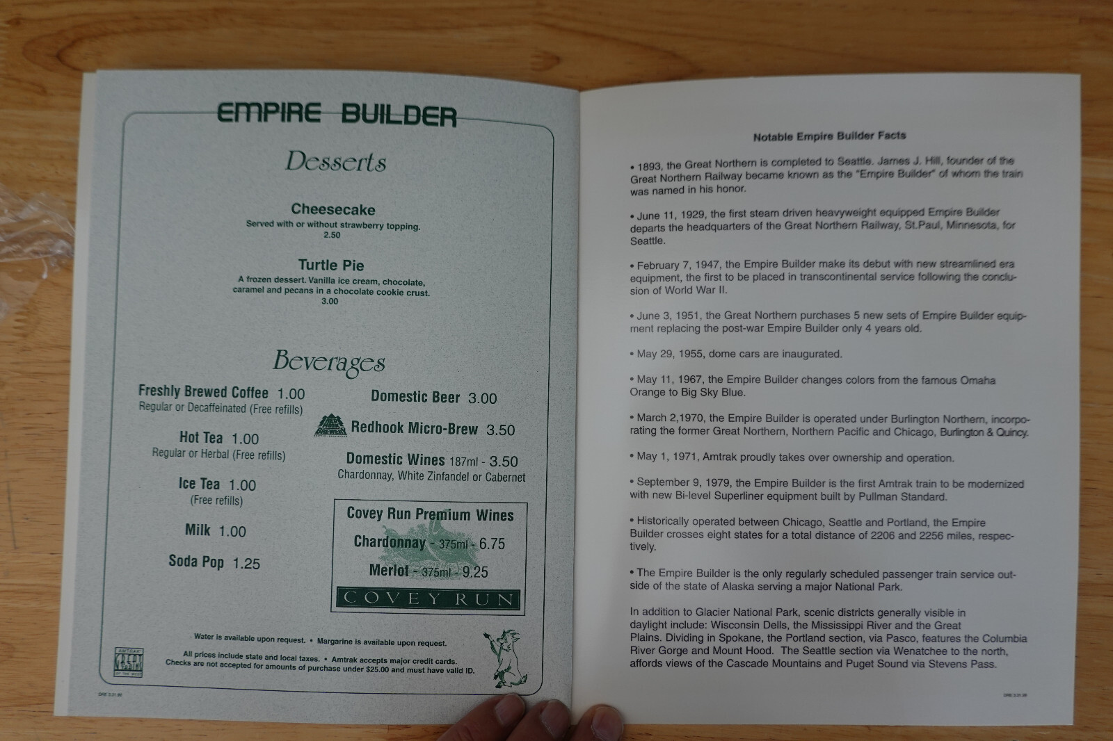 Amtrak Vintage EMPIRE BUILDER 70TH ANNIVERSARY COMMEMORATIVE dining car menu