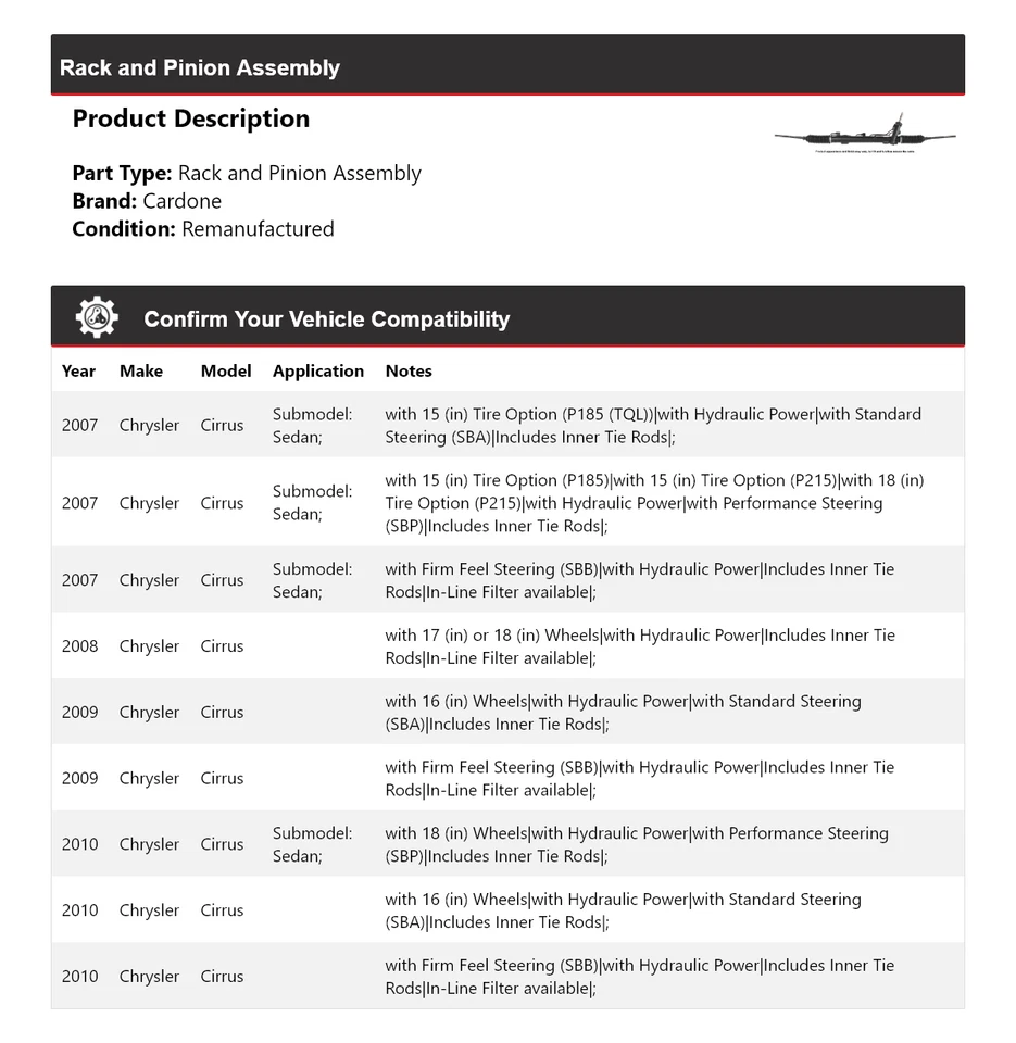 Conjunto de piñón y cremallera Cardone 2008 2009 para Chrysler Cirrus 2007-2010 Foto 2 de 4