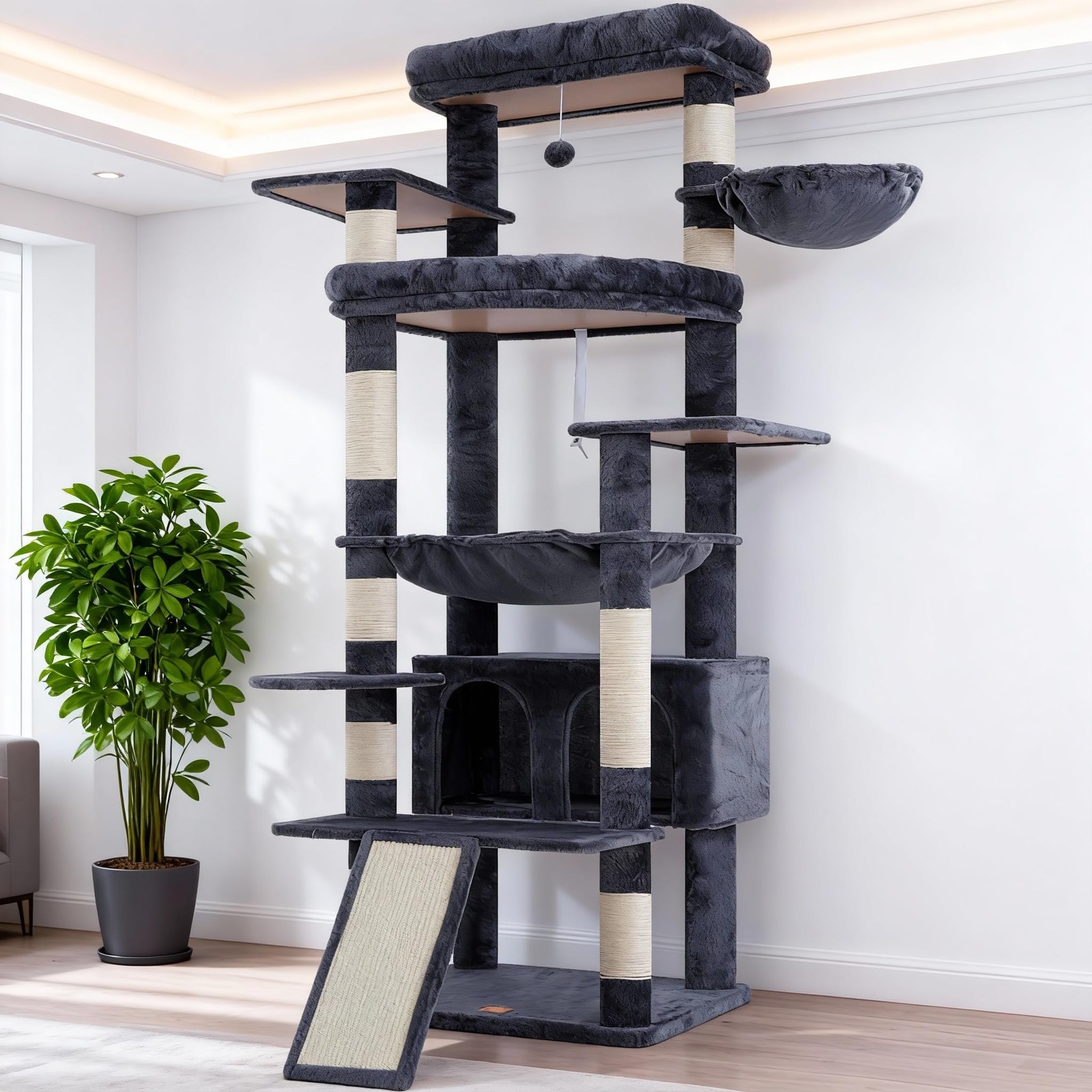 Arbre à chat XXL de 202 cm avec grande cabane et plateformes pour grands chats