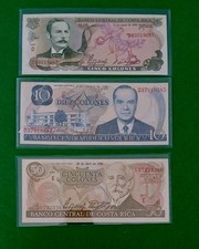 Lot Costa Rica 5 ,10, 50 Colones Notes 1990,1985,1988 - UNC