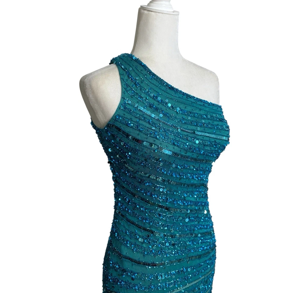 Vestido longo formal noturno lantejoulas azul-petróleo um ombro costas profundas tamanho 6 - Imagem 4 de 4