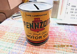 1960S ADVERTISING PENNZOIL MOTOR OIL 2.75 INCH TALL CAN BANK !!
