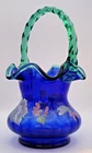 Fenton Cobalt Blue Spruce Green Morning Glory Floral Rib Optic Basket