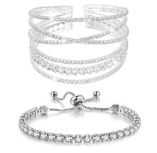 Rhinestone Cuff Bracelet for Women 2Pieces MultiLayer Rhinestone Bracelet Sparkl