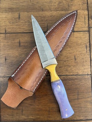 CUSTOM HANDMADE DAMASCUS BONE HANDLE BOOT DAGGER WITH PREMIMUM LEATHER SHEATH