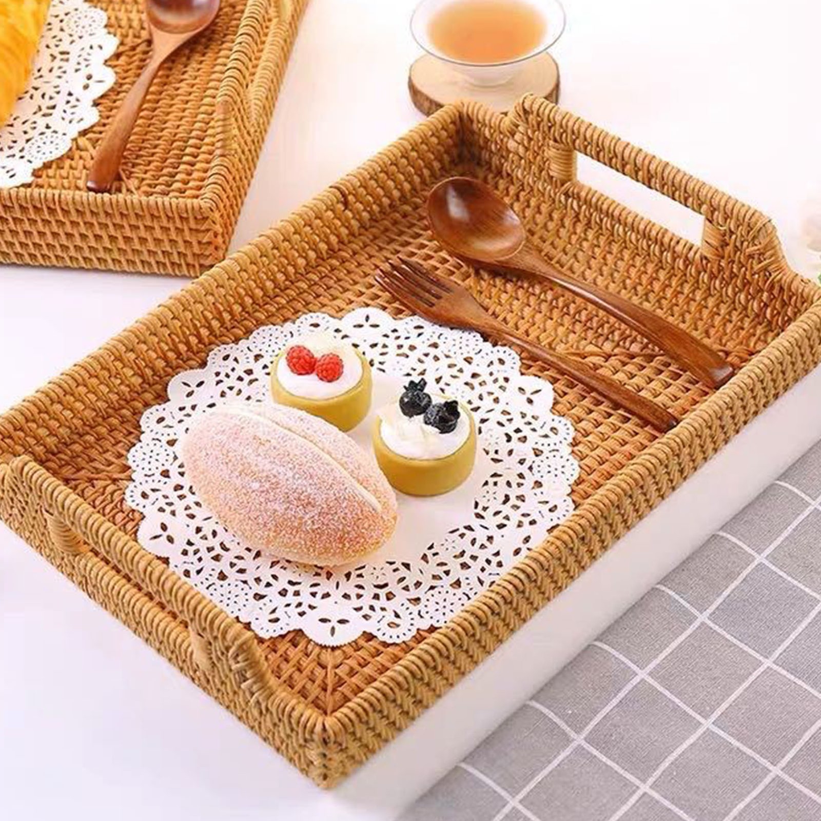 Wicker Serving Tray Hand Woven Rattan Rectangular Serving Tray With Handles For
