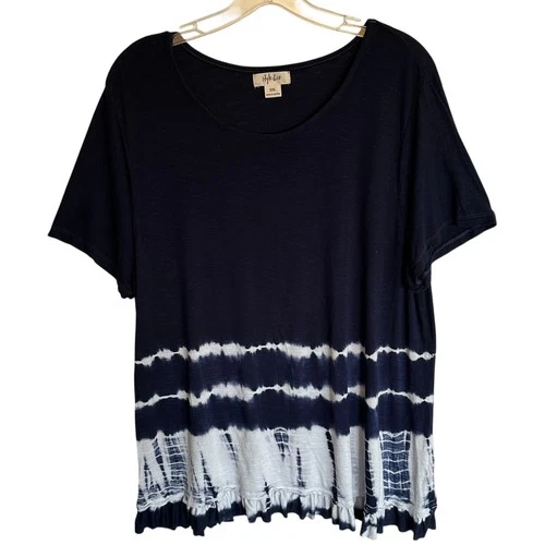 Style & Co Tie Dye Tee Womens XXL Navy Ruffled Hem Beachy Casual Knit Boho Top