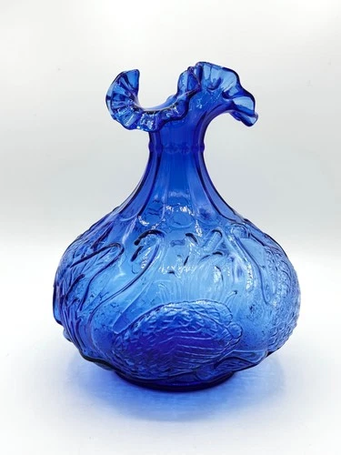 Gorgeous Fenton Swans on Pond Ruffled Blue Art Glass Vase Fenton Stamp 8.5” x 7”