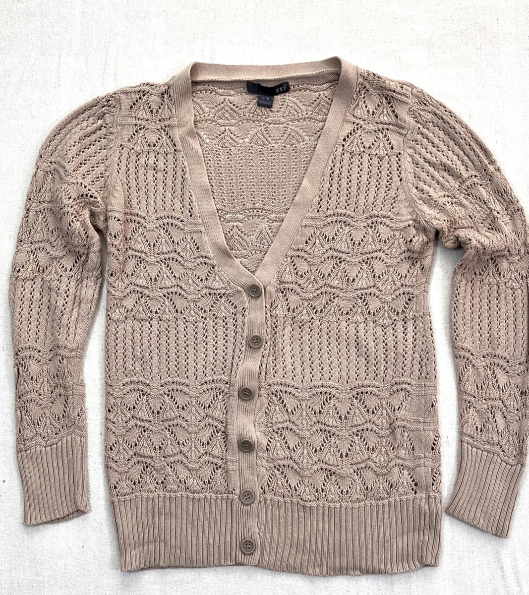 トップス sdouk pass each other knit cardigan XXI Cardigan Sweater Womens L Taupe Open Knit V Neck Button Front