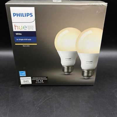 Philips Hue White 2x Single A19 Bulbs Warm Hue White New Sealed Box Of Two Bulbs