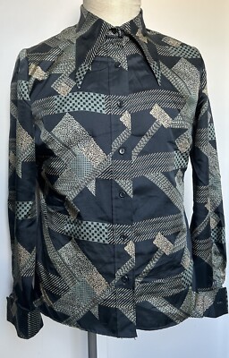 Vintage 70er Jahre Damen Hemd blau gemustert großer Speerspitze Kragen Disco Style 41