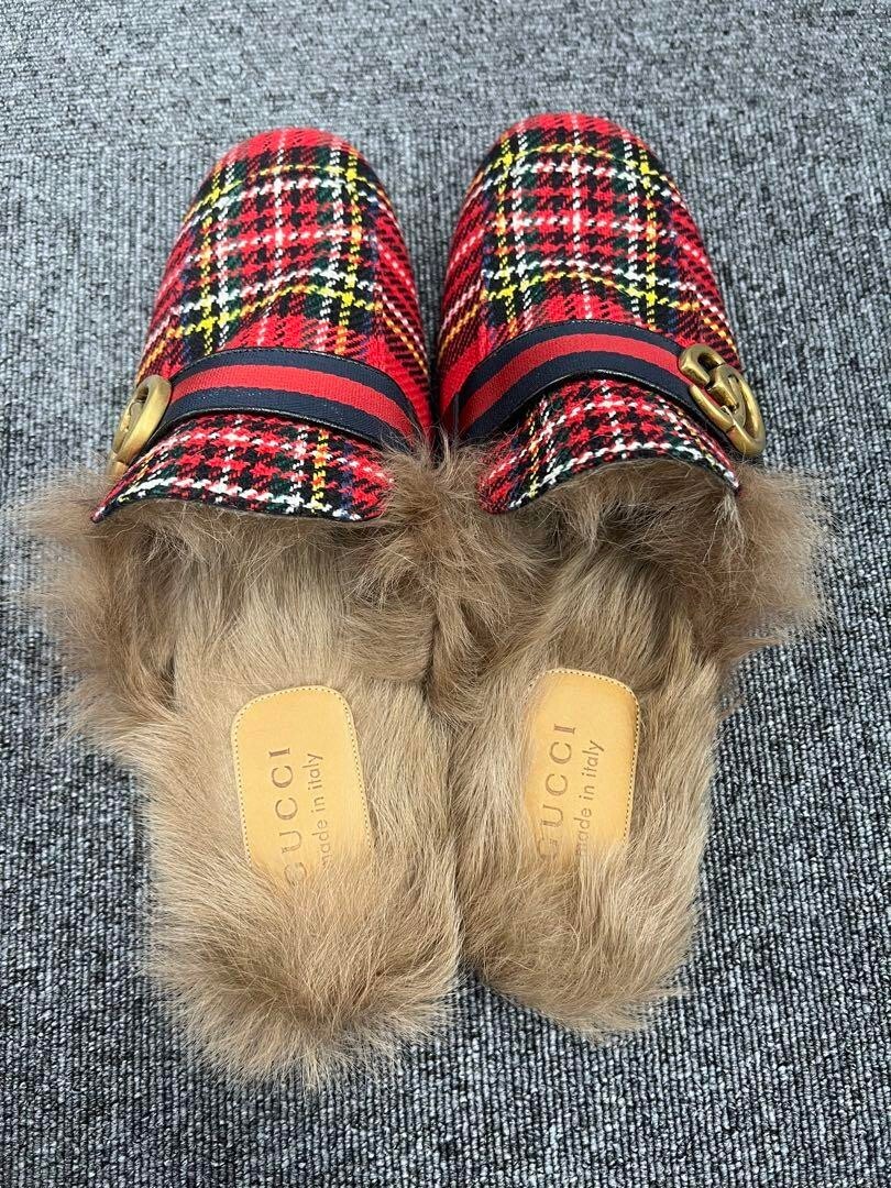 NEW Gucci GG Men\'s Red Plaid Fur Princetown Loafer Size 9.5 Gucci Fur Loafers | eBay main image 4