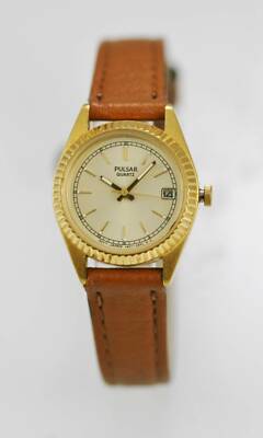 Pulsar Damenuhr Edelstahl Gold Braunes Leder Wasser Res Datum Champagner Quarz