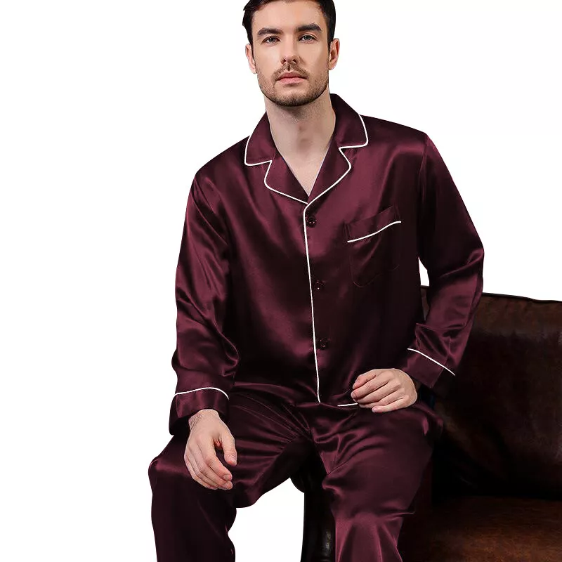 Mens Silk Satin Pajamas PJ Set Top and Bottom Burgundy White Piping