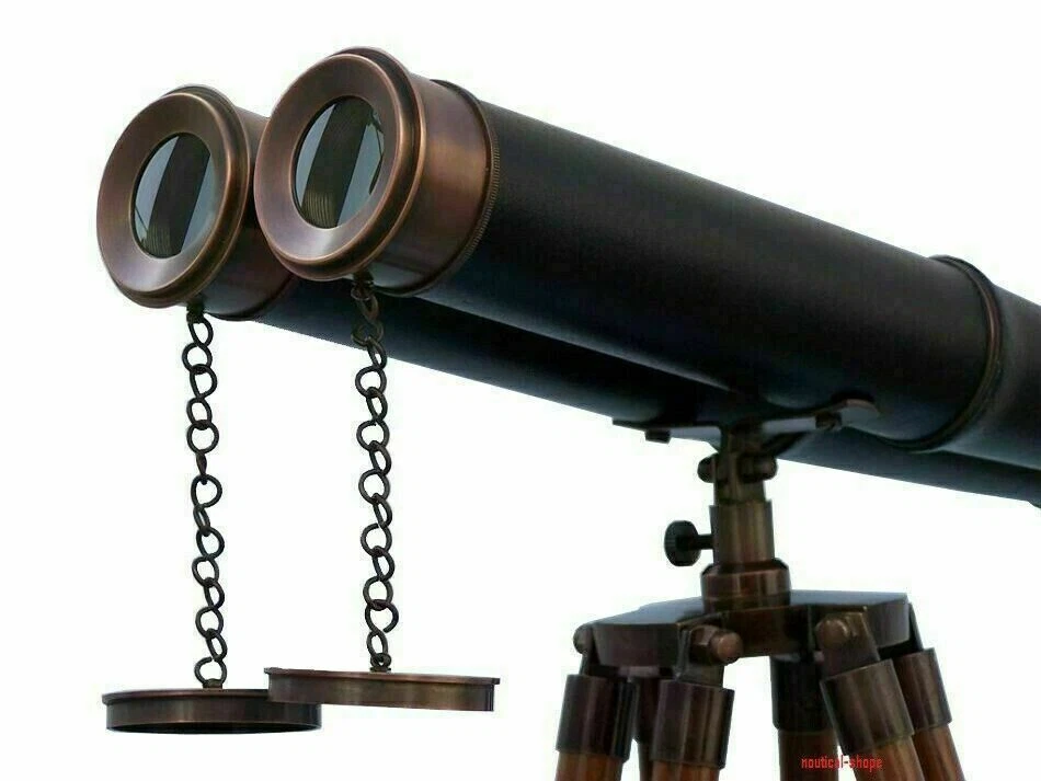 Binoculares náuticos antiguos de latón de cuero azul marino de 18 pulgadas con soporte para trípode de madera Foto 2 de 3