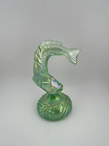 Fenton Green Carnival Iridescent Glass Fish Figurine leaping jumping Vintage