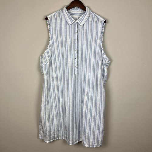 Sigrid Olsen Dress Women 3X Blue White Stripe 100% Linen Shift Sleeveless Summer