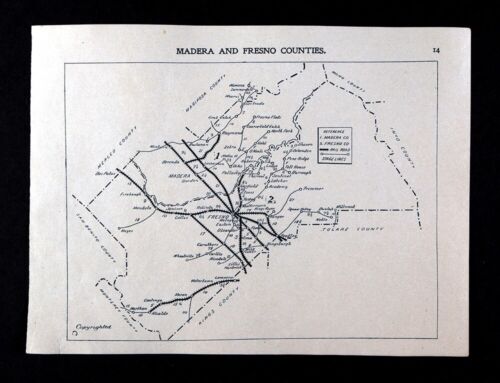 1900 Stagecoach Map California Madera & Fresno County Clovis Reedley Course Gold - Picture 1 of 4