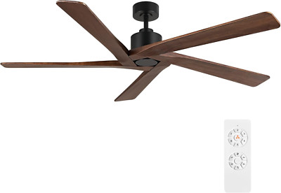 64'' DC Ceiling Fan, 5 Wood Blades, 6-Speed Remote, Matte Black & Walnut Finish
