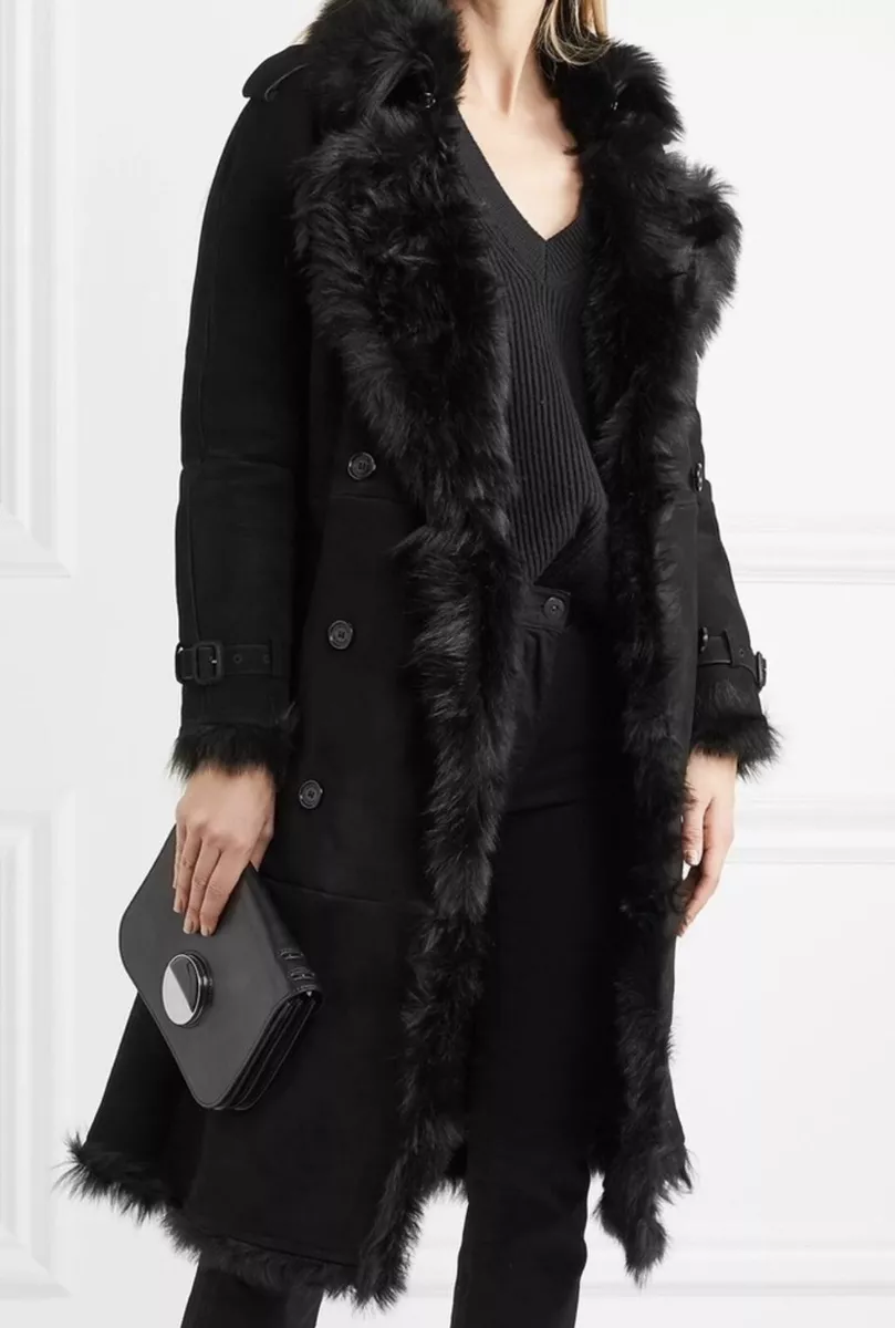 $3295 Burberry London Trench-Style Shearling Coat, Black US 4 | eBay