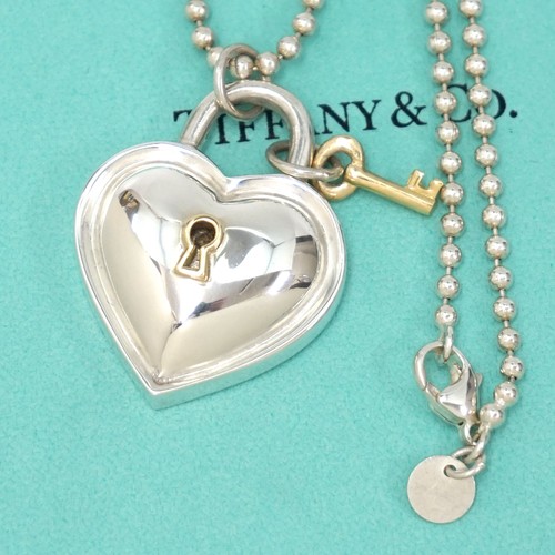 Tiffany & Co. Heart Padlock Lock Key Necklace 34" Silver 925 & 18K Gold Auth