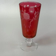 Cranberry Flash Ball Foot Vase - Floral Etched - Vintage