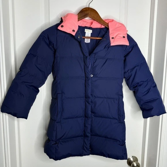 Crewcuts by J. Crew Puffer Coat Navy Coral Hooded Down Fill Kids Size 6 7 - Image 3 of 4