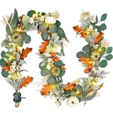 20'' Fall Wreath with Lights, Eucalyptus Pumpkins Autumn Wreaths for Front Do...