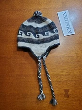 100% Wool Fleece Lined Trapper Chullo Earflap Wave Black Nepal Winter Hat Cap