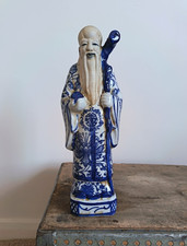 Chinese Shou Lao God Blue & White Porcelain Figurine