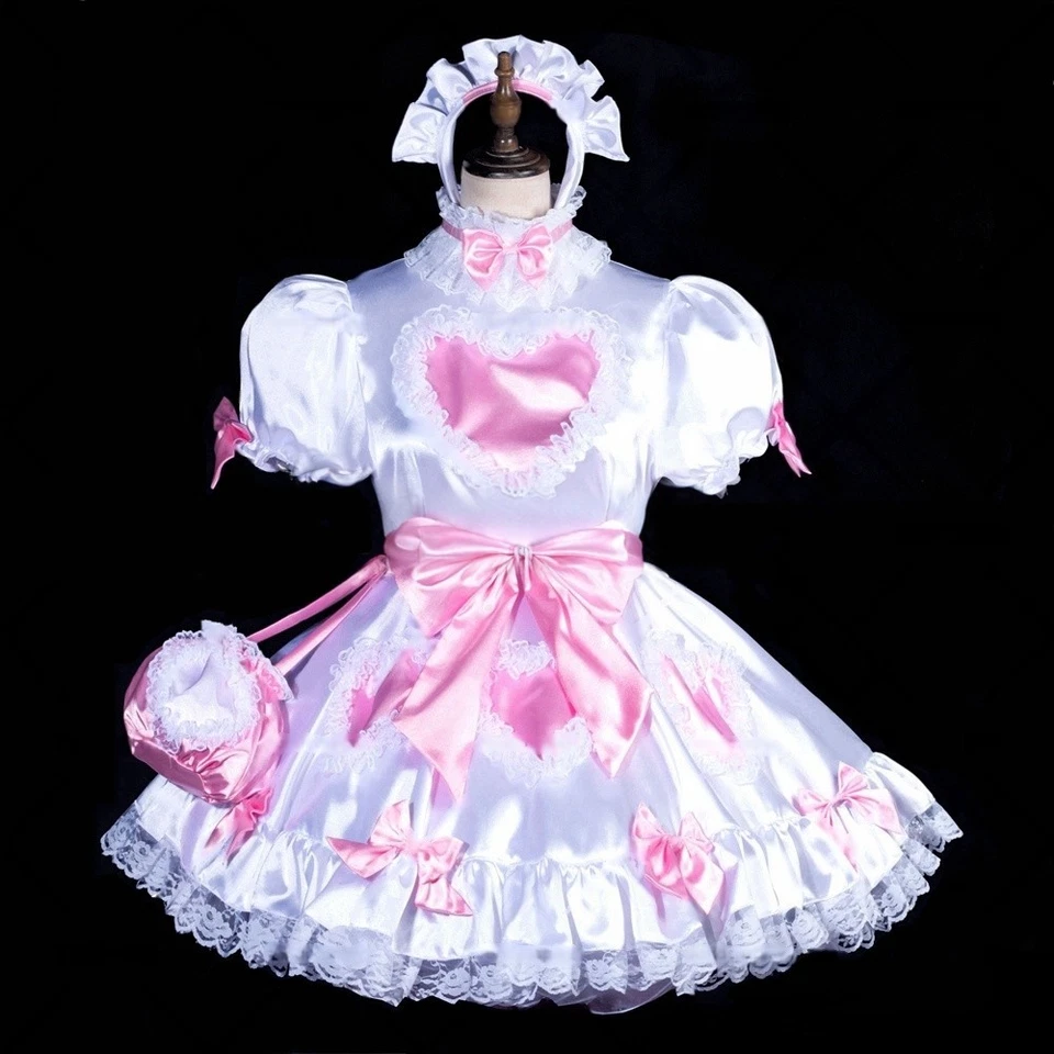 Niña Sissy Sexy Criada Blanco Satinado Bloqueable Vestido Cosplay Disfraz CD/TV Hecho a Medida Foto 2 de 4