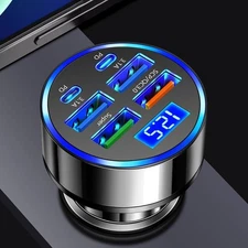 6-in-1 Multi-Port Adapter Car Charger with Display USB 3.0/3.1A Fast Charging