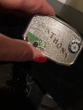 Vintage Belt Buckle Hook-Fast I B OF TCW & HOA VW BUS GREEN WHITE ENAMEL ANTHONY