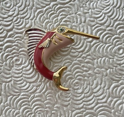 Vtg  sailfish brooch pin enamel on gold tone metal