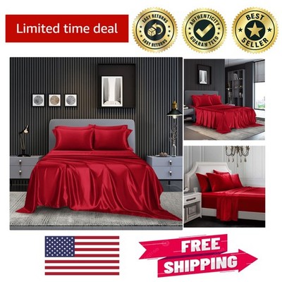 Queen Size Satin Sheets with Pillowcases - Deep Pocket Burgundy Luxury Set