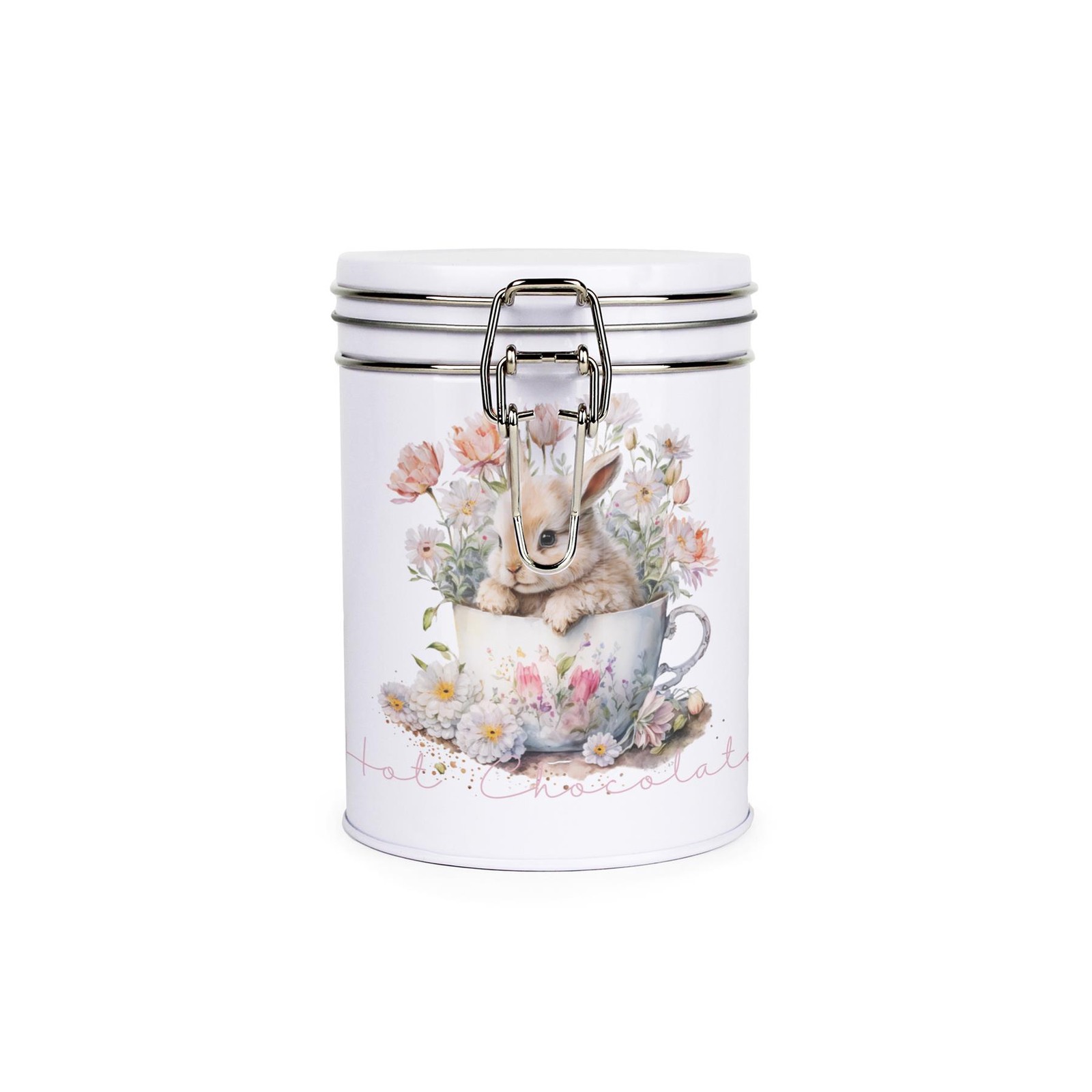 Teacup Bunny Hot Chocolate Canister - Metal Clip Lid Kitchen Storage Gift 700ml