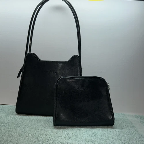 VINTAGE VECCHIA borsa Gucci in pelle nera con borsa trucco abbinata ottima++