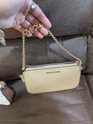 Michael Kors Beige White Logo Shoulder Bag with Gold Chain Strap