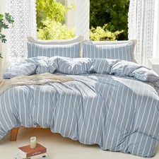 Blue Striped Duvet Cover Set 100 Washed Cotton Linen Like Super Soft Breatha...