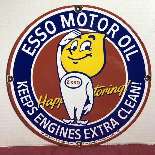 VINTAGE ESSO MOTOR OIL DROP BOY MAN PORCELAIN KEEPS ENGINES EXTRA CLEAN SIGN