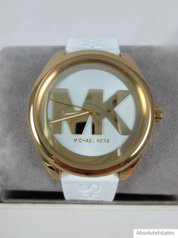 NEW Michael Kors Janelle Gold Tone MK Logo Watch White Silicone Band MK7141