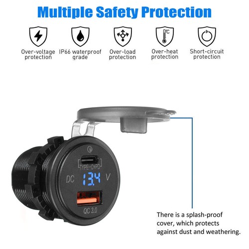 Dual Port Socket USB Type-C PD QC 3.0 Voltmeter Auto 36W LED Car Marine Charger - 第 7/10 張圖片