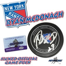 RYAN MCDONAGH Signed NEW YORK RANGERS 2017 GAME PUCK 90th ANNV - w/COA #27